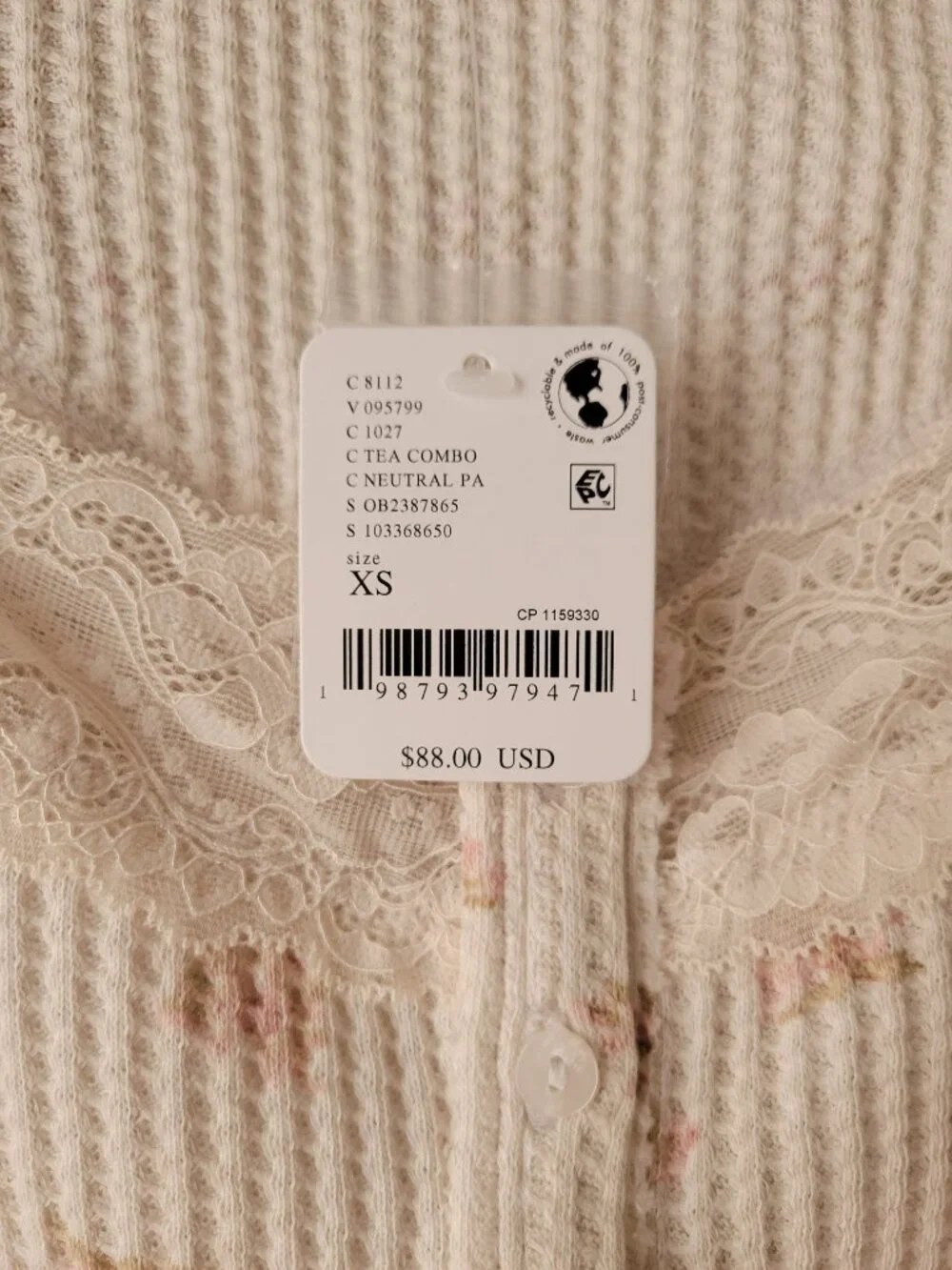 Free People Let's Party Cardi Thermal Top XS Womens Cream Pink Lace KWaffle Knit